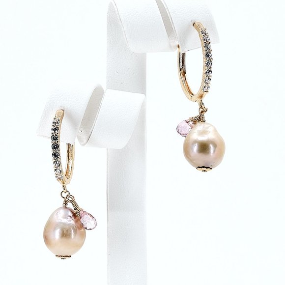 Baroque Pearl & Pink Topaz Hoop Earrings, 14K Gold Filled CZ Hoops - Picture 4 of 11